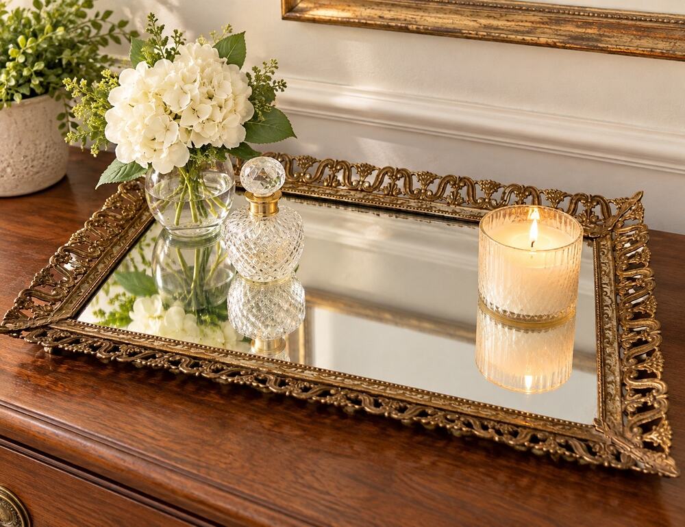 Vintage Hollywood Regency Grandmillenial Metal Edged Filigree Square Mirror Tray